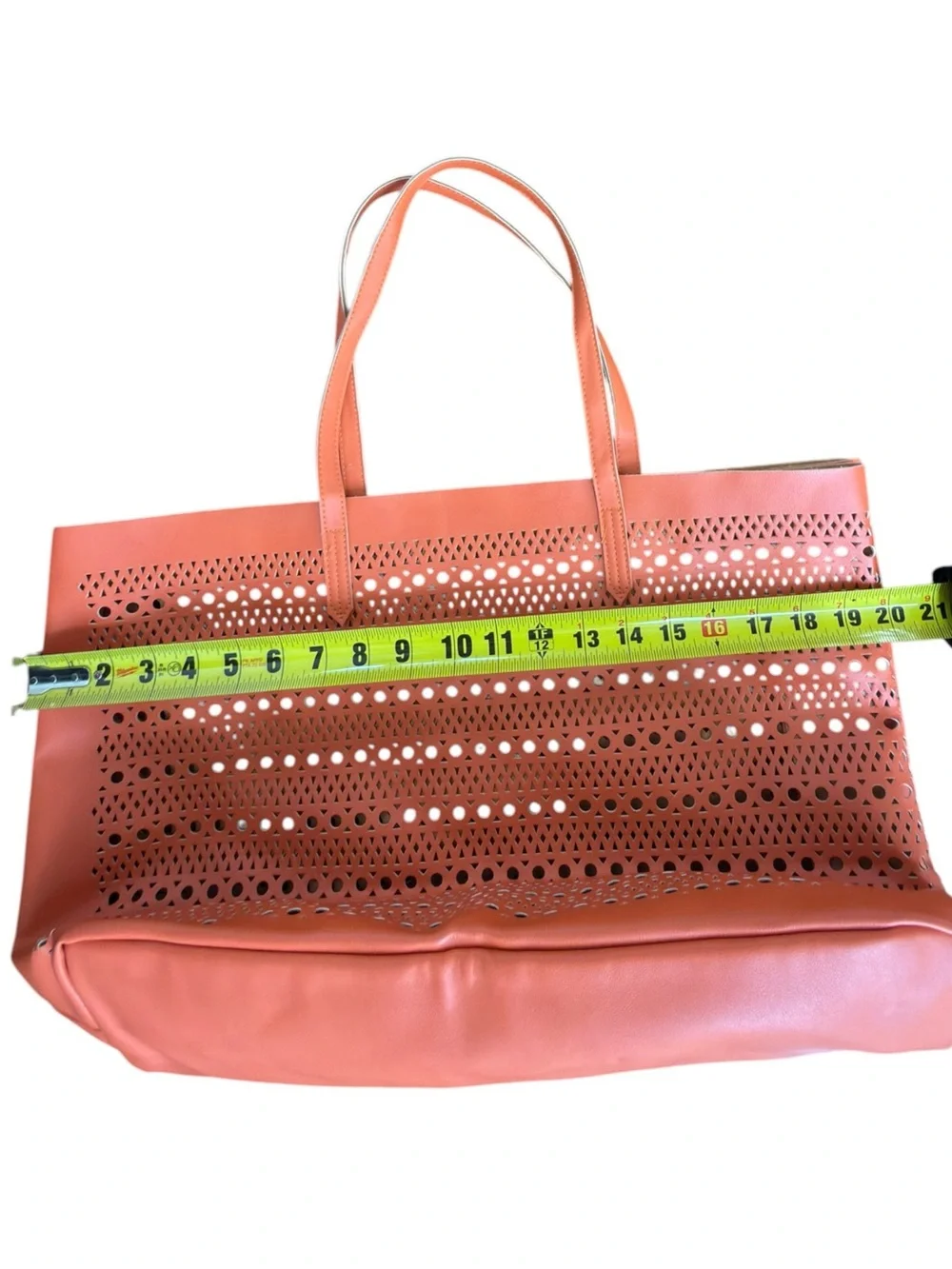 Saks Fifth Avenue Orange Geometric Perforated Lightweight Tote Bag Purse.